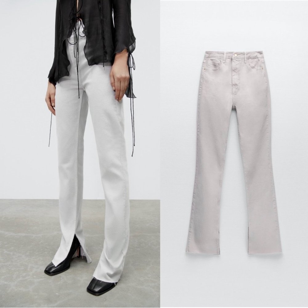 Zara Gray High Rise Slim Flare Split Hem Jeans 8 NWT